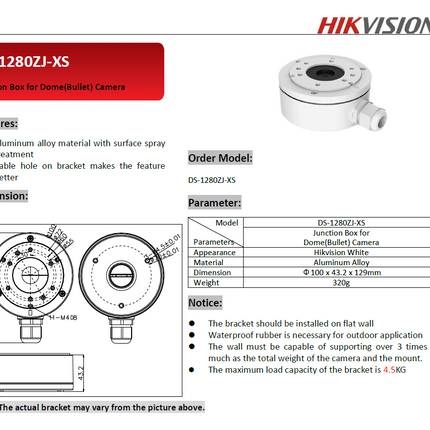 Hikvision DS-1280ZJ-XS Montagedoos Zwart / Wit t.b.v Hikvision Bullet camera