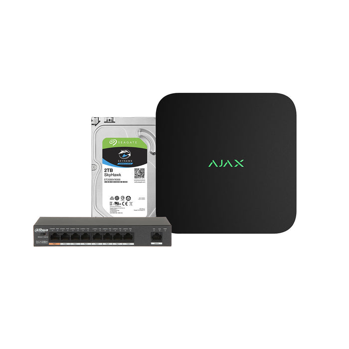 AJAX NVR 8 kanaals pack zwart incl, 2TB opslag en Dahua switch 8x PoE